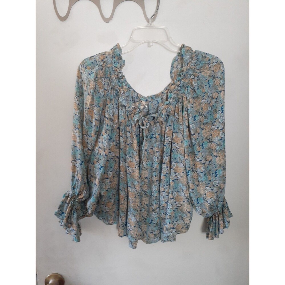 Elan Blue Floral Rayon Boho Peasant Blouse L Xl Xxl Crop Top Cropped Shirt